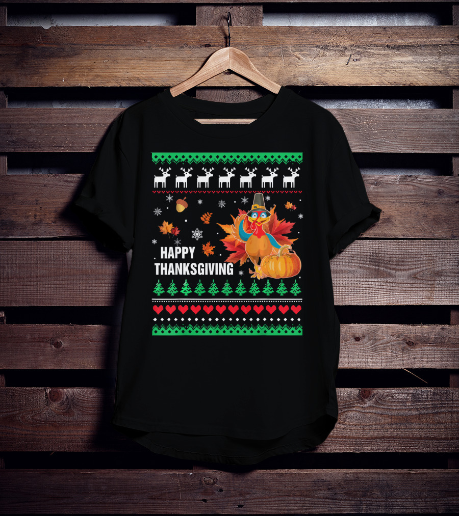 Happy Thanksgiving Turkey Pilgrim Hat Reindeer Snowflakes Pumpkins Leaves T-Shirt