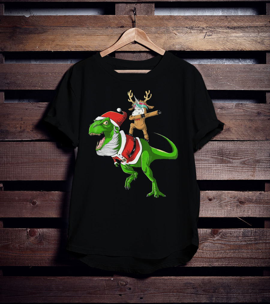 Unicorn Dabbing On Dinosaur Santa With Antlers T-Shirt