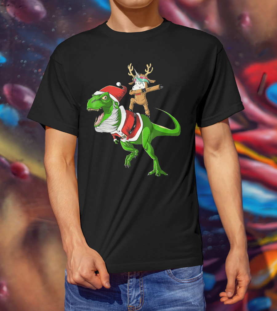 Unicorn Dabbing On Dinosaur Santa With Antlers T-Shirt