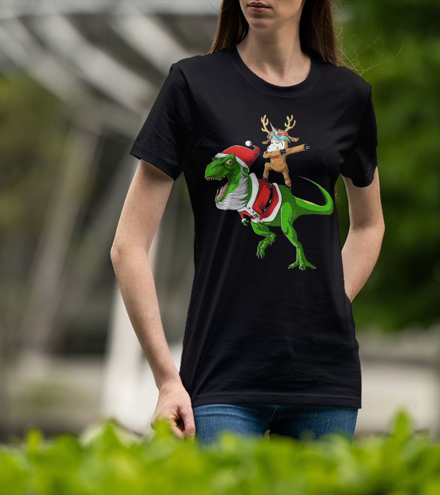 Unicorn Dabbing On Dinosaur Santa With Antlers T-Shirt