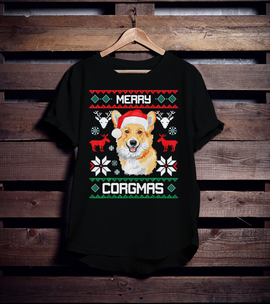 Merry Corgmas Corgi Dog Santa Hat Ugly Christmas T-Shirt