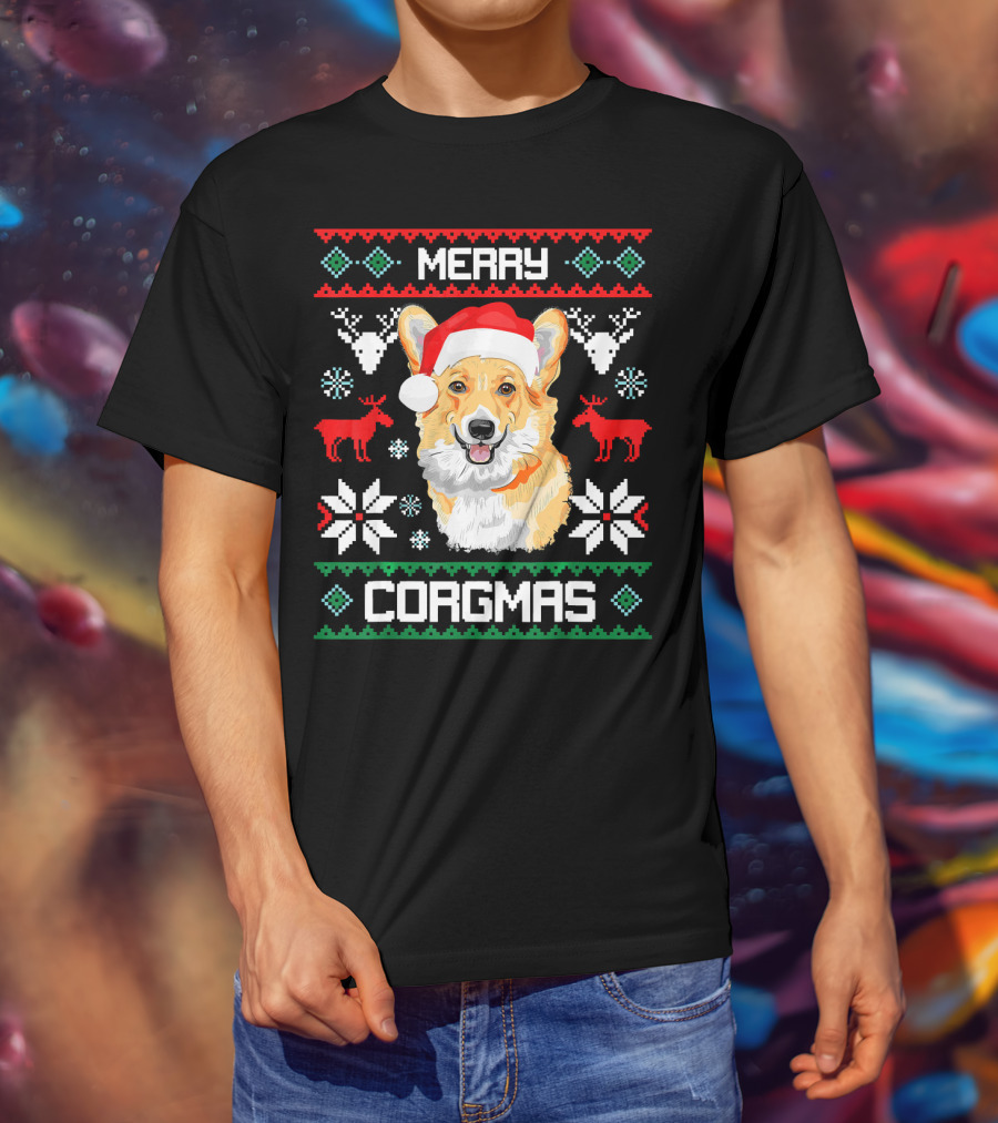 Merry Corgmas Corgi Dog Santa Hat Ugly Christmas T-Shirt
