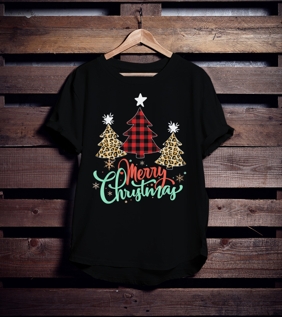 Merry Christmas Leopard Plaid Tree T-Shirt