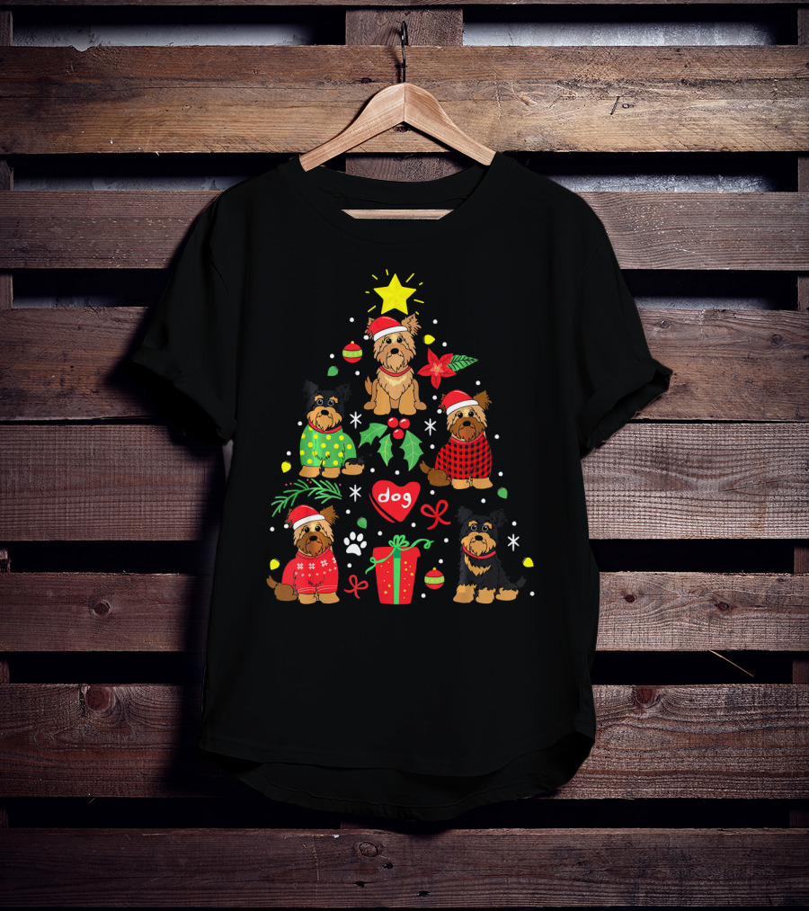 Yorkipoo Dog In Santa And Christmas Sweaters With Ornaments And Gifts T-Shirt