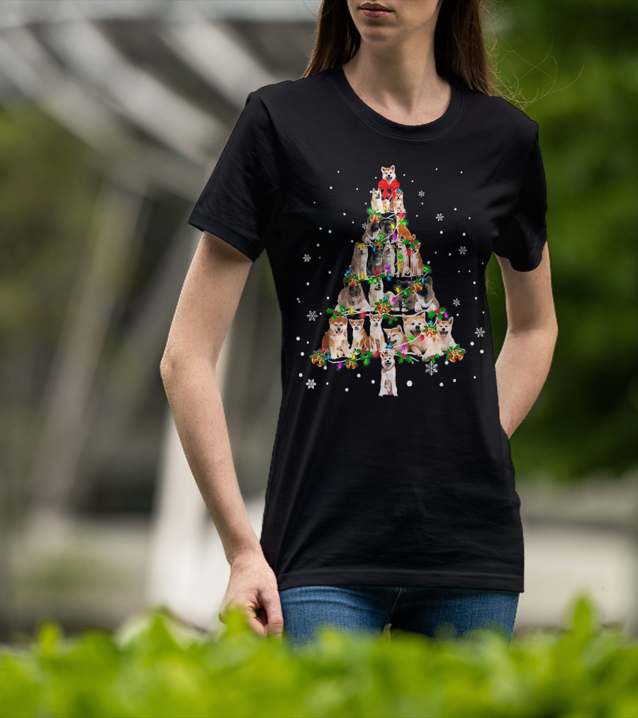 Cute Akita Dog Christmas Tree Decor With Snowflakes And Festive Lights T-Shirt