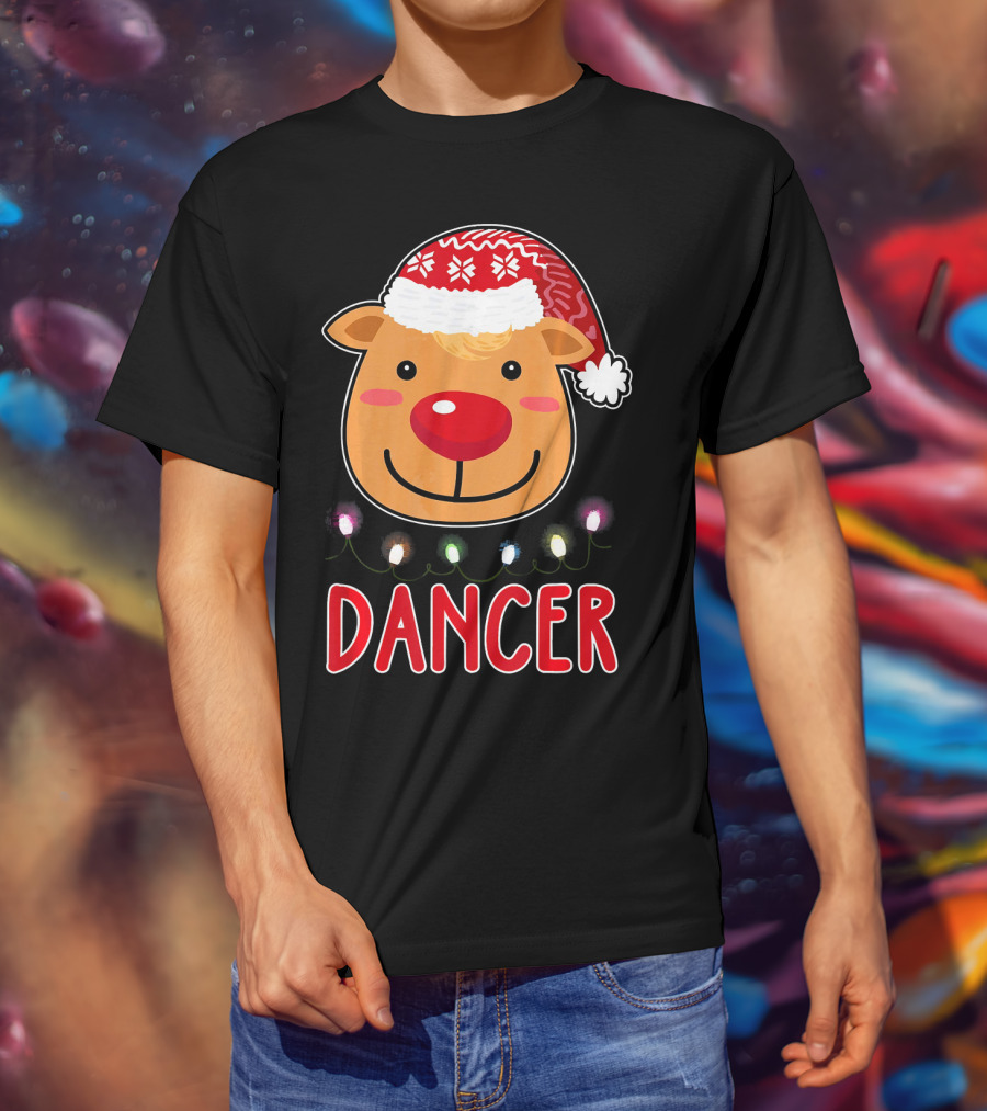 Dancer Reindeer Christmas Lights Santa Hat T-Shirt