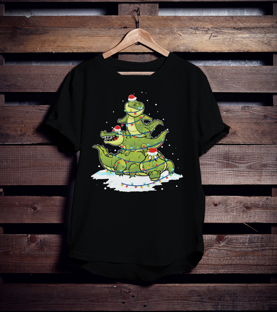 Alligator Santa Christmas Light Tree Festive Holiday Scene T-Shirt