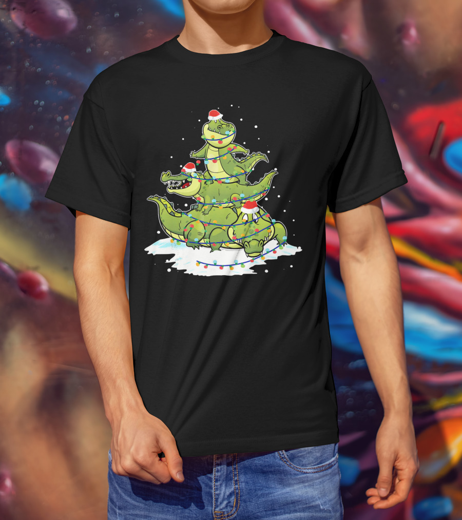 Alligator Santa Christmas Light Tree Festive Holiday Scene T-Shirt