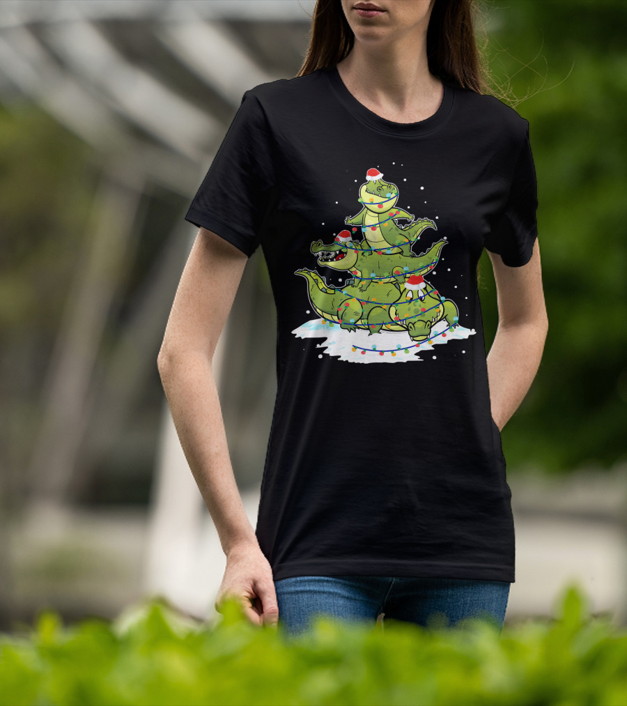 Alligator Santa Christmas Light Tree Festive Holiday Scene T-Shirt
