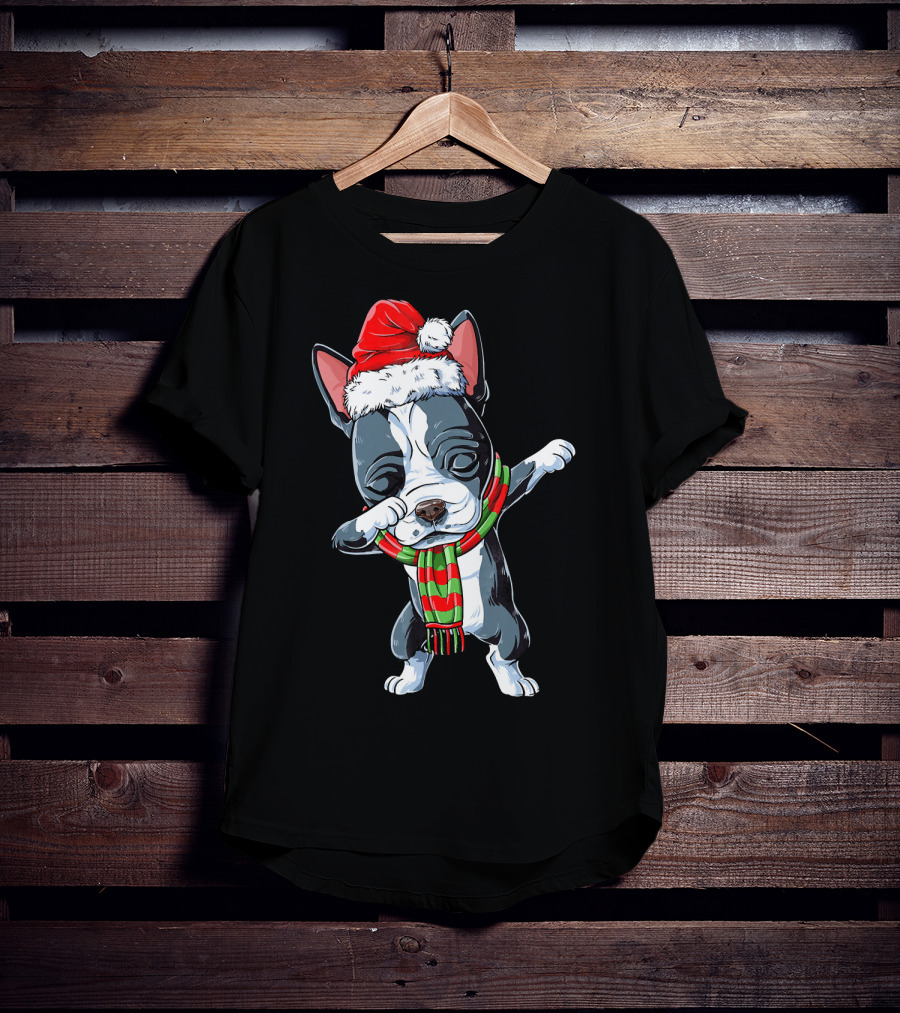 Dabbing Boston Terrier Santa Christmas Scarf Festive Dog T-Shirt