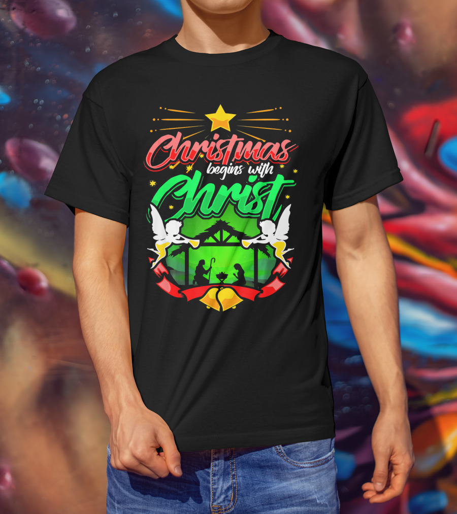 Christmas Begins With Christ Nativity Scene Angels Star T-Shirt
