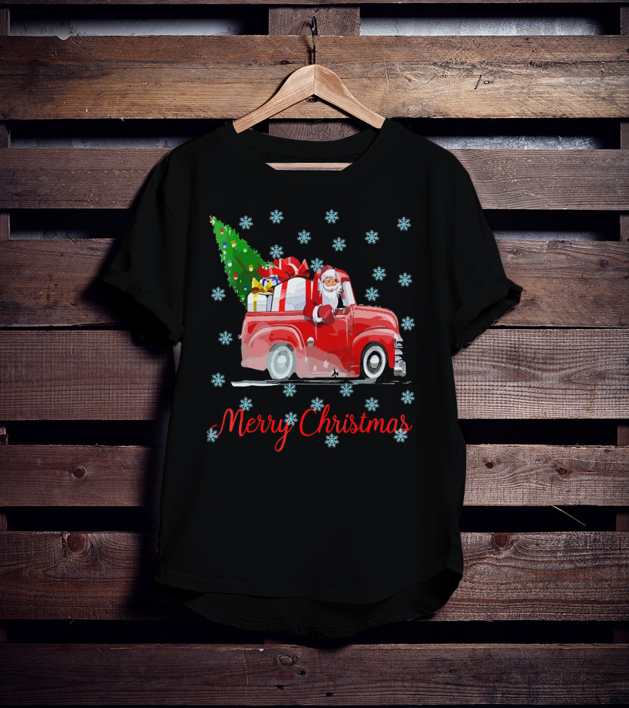 Merry Christmas Tree Santa Vintage Car With Presents And Snowflakes T-Shirt