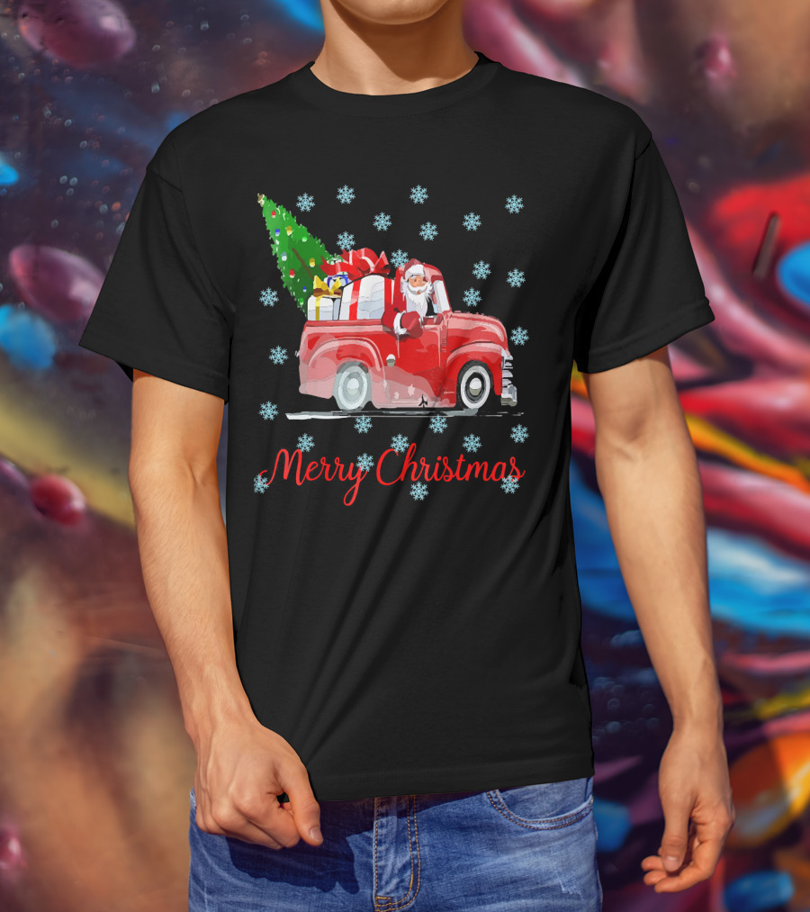 Merry Christmas Tree Santa Vintage Car With Presents And Snowflakes T-Shirt