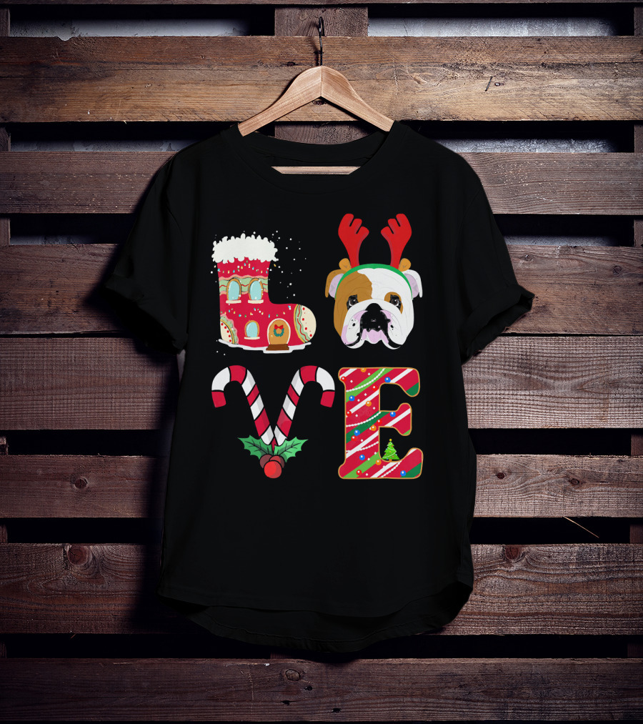 Love My English Bulldog Christmas Holiday Antlers Candy Cane T-Shirt
