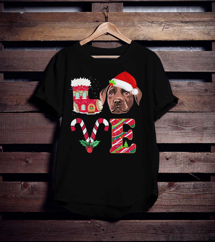 I Love My Chocolate Labrador Christmas Theme With Santa Hat And Candy Cane Decorations T-Shirt