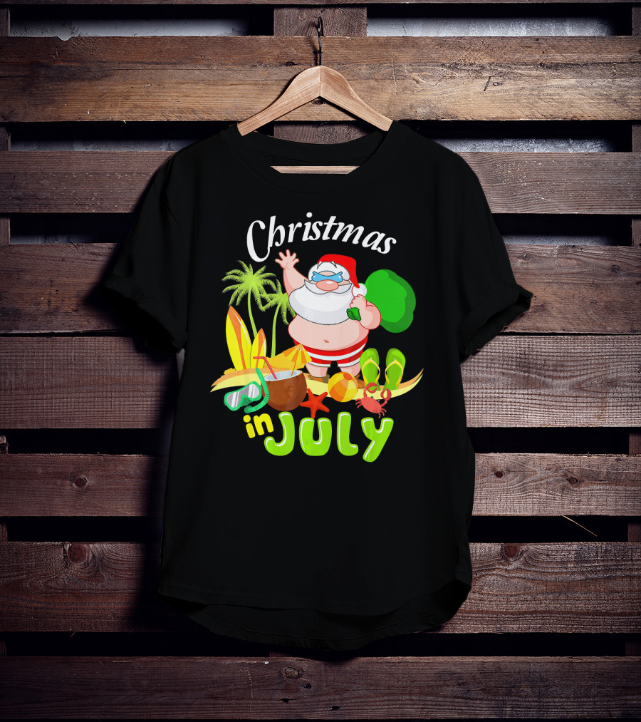 Christmas In July Santa With Surfboards, Palm Trees, Tropical Drinks, And Beach Accessories T-Shirt
