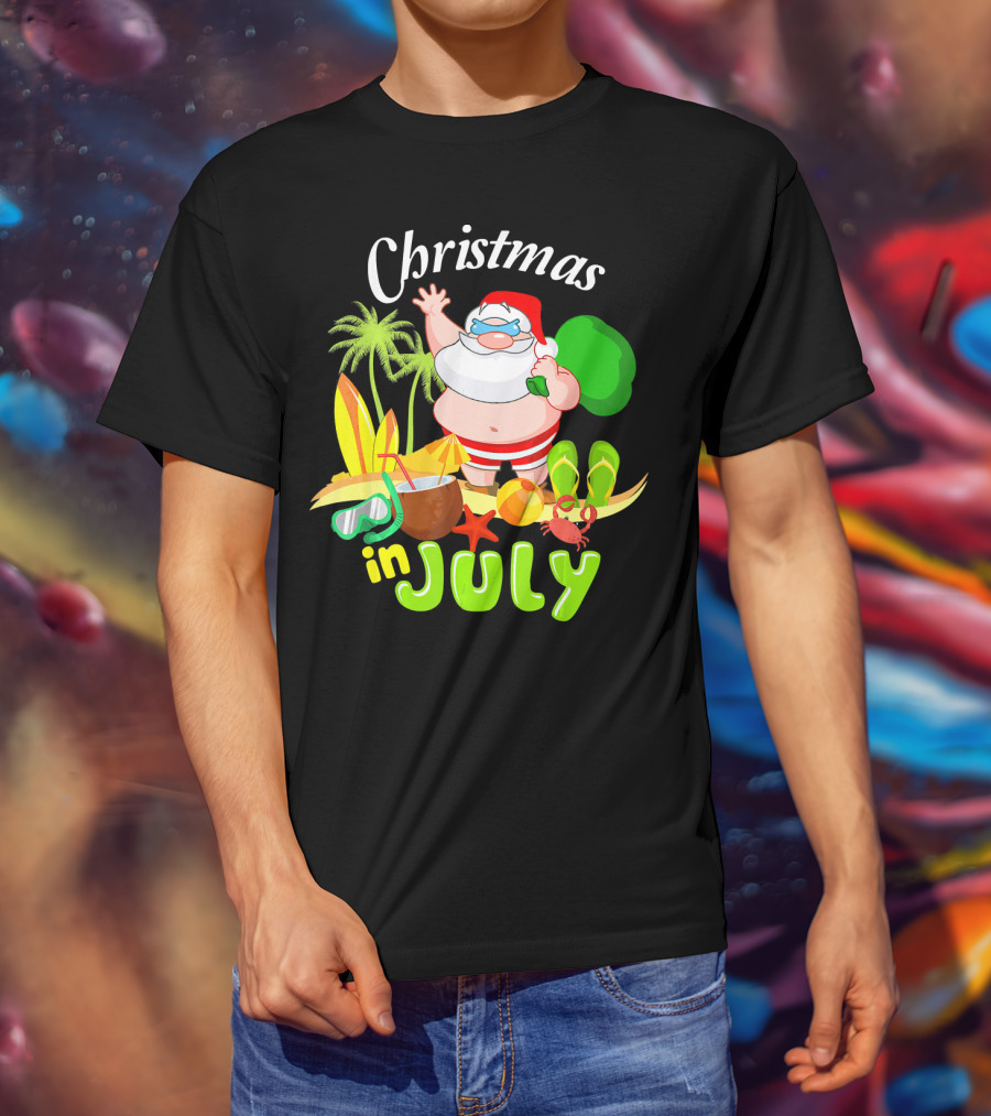 Christmas In July Santa With Surfboards, Palm Trees, Tropical Drinks, And Beach Accessories T-Shirt