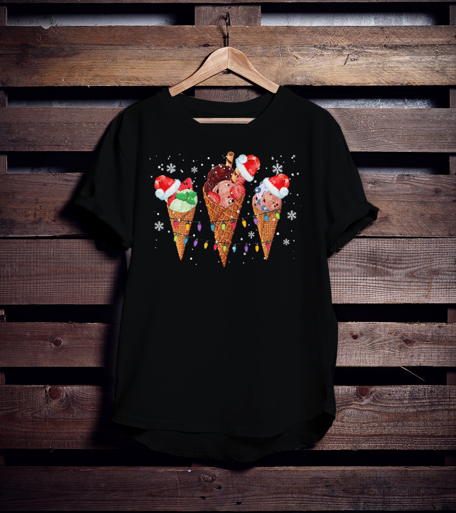 Ice Cream Cones Santa Hats Christmas Lights Snowflakes T-Shirt