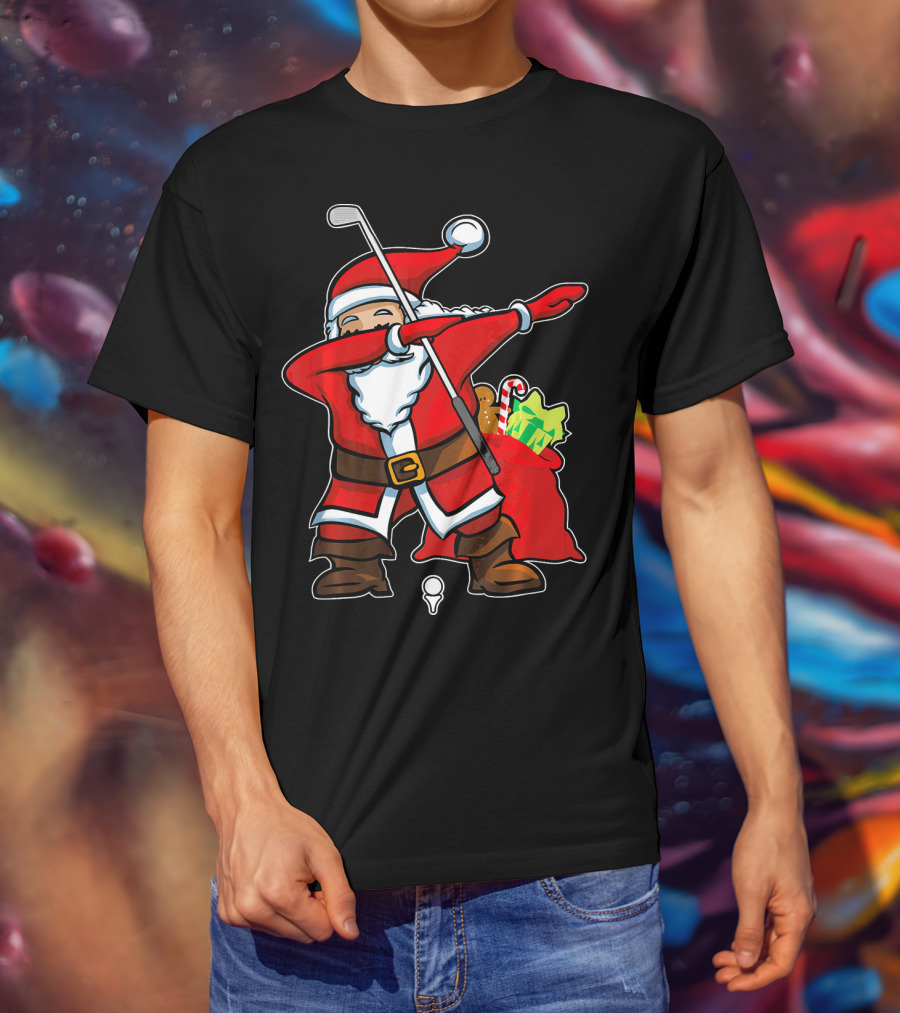 Christmas Dabbing Golf Santa With Gift Bag And Candy Cane T-Shirt