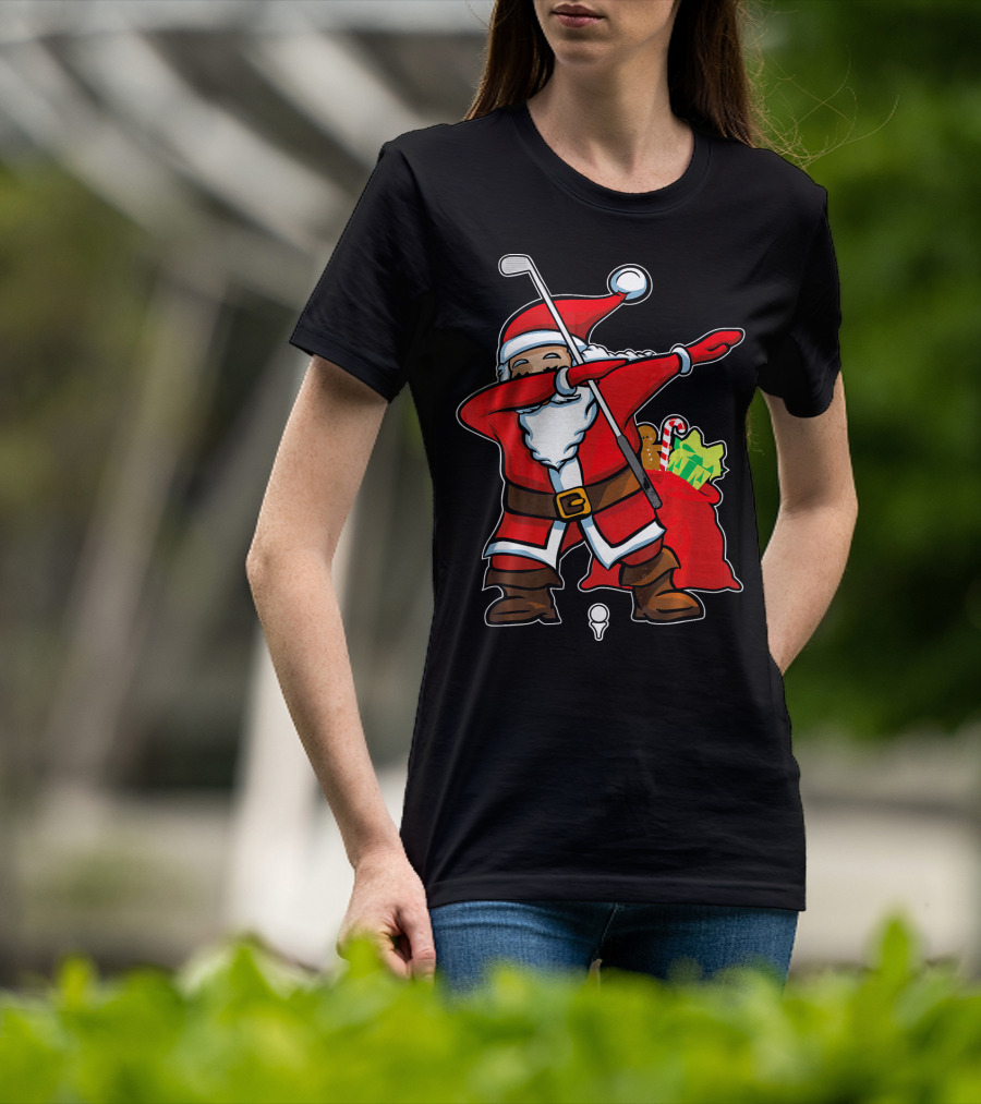 Christmas Dabbing Golf Santa With Gift Bag And Candy Cane T-Shirt