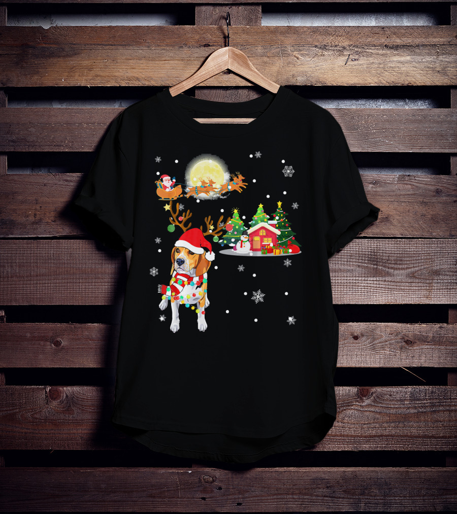 Beagle Christmas Santa Sleigh Trees Snowman Holiday Scene T-Shirt