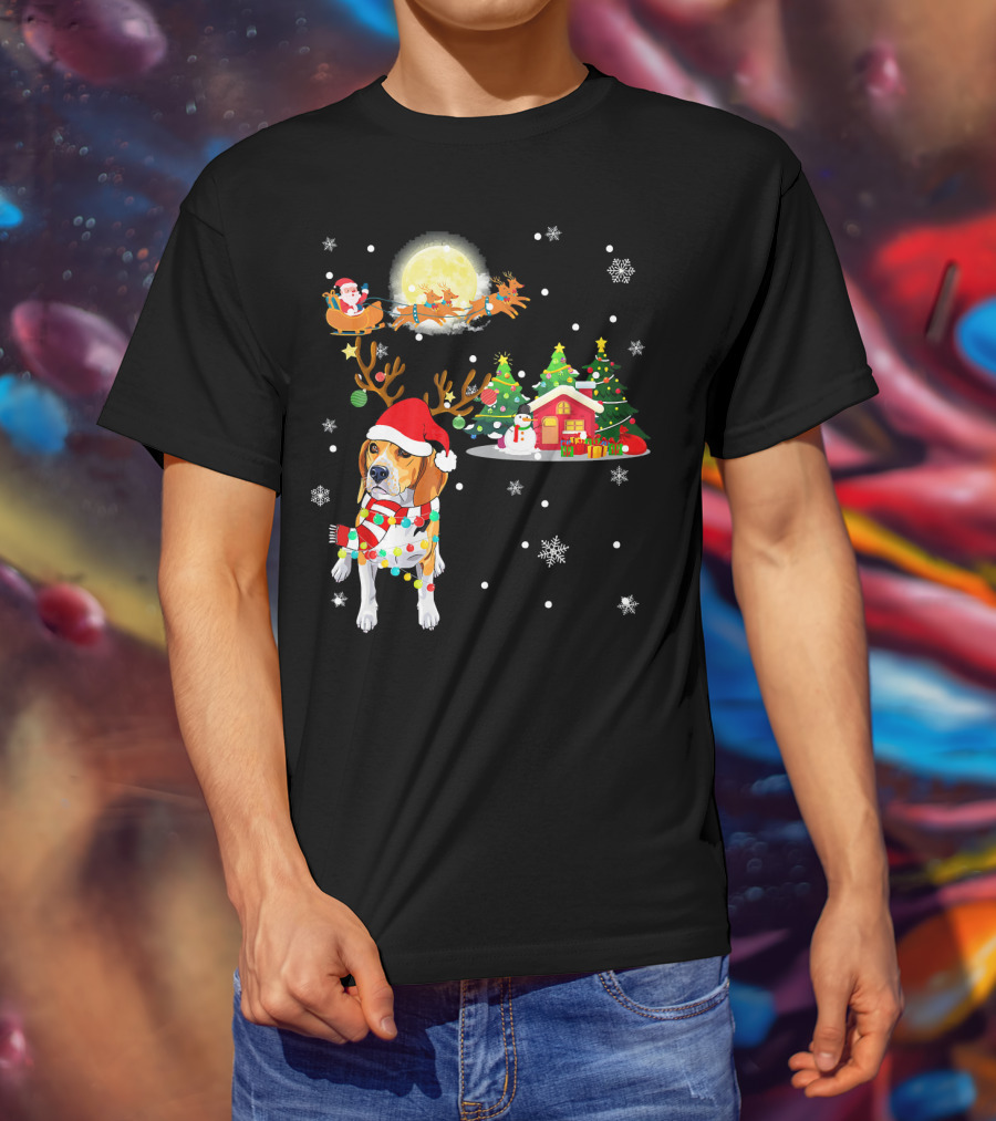 Beagle Christmas Santa Sleigh Trees Snowman Holiday Scene T-Shirt