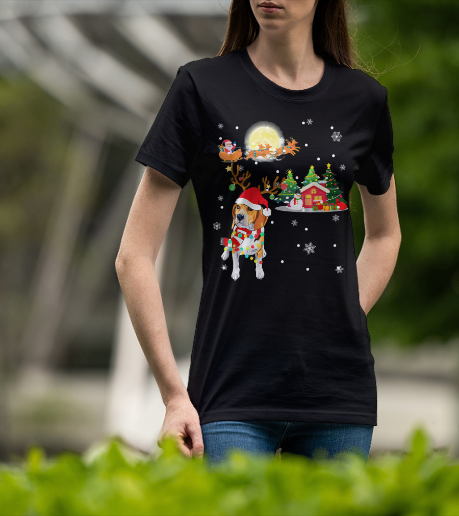 Beagle Christmas Santa Sleigh Trees Snowman Holiday Scene T-Shirt