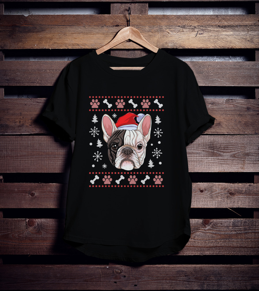 French Bulldog Christmas Santa Hat Snowflake Paw Bones T-Shirt