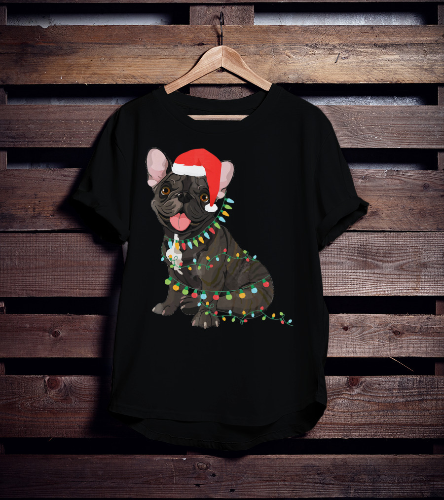 Santa French Bulldog Tangled In Christmas Lights T-Shirt