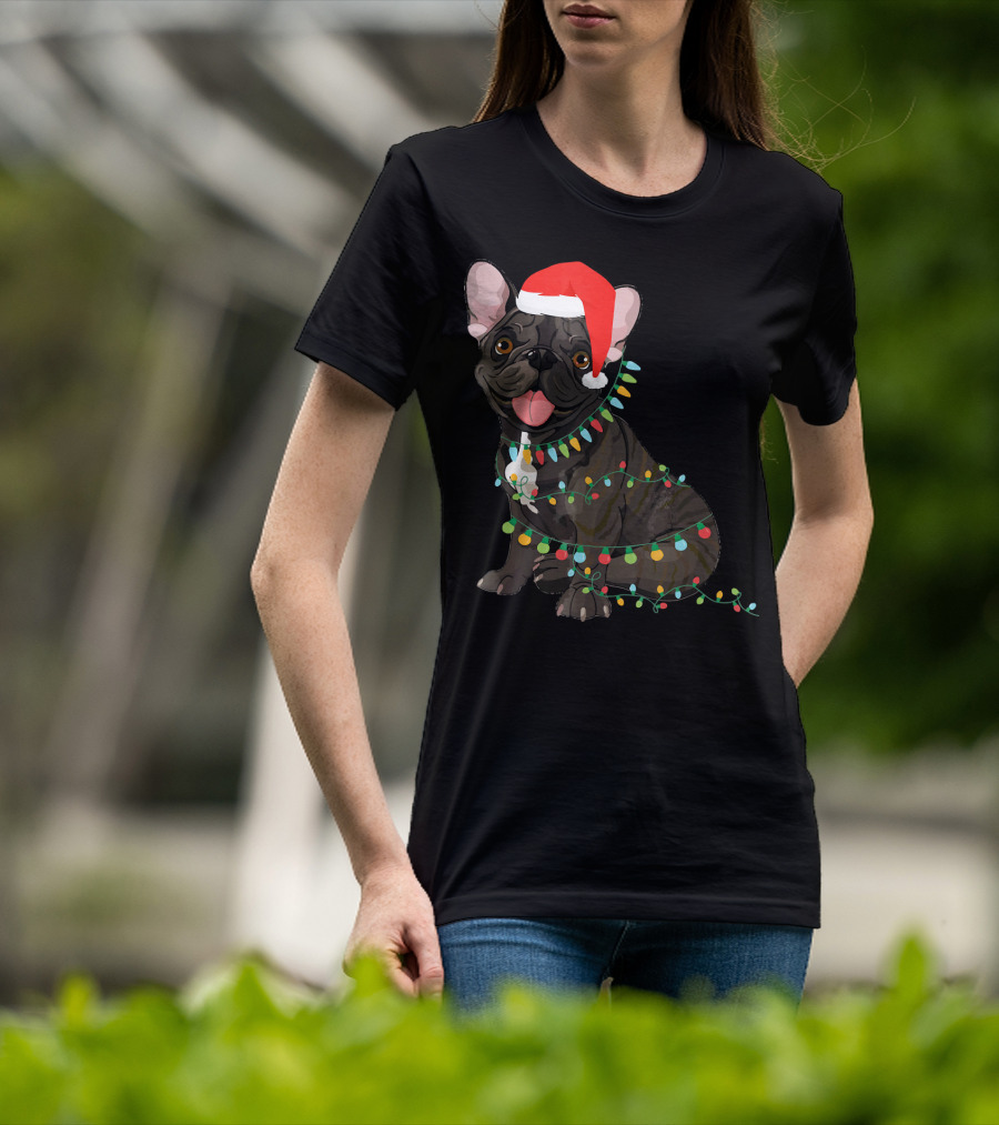 Santa French Bulldog Tangled In Christmas Lights T-Shirt