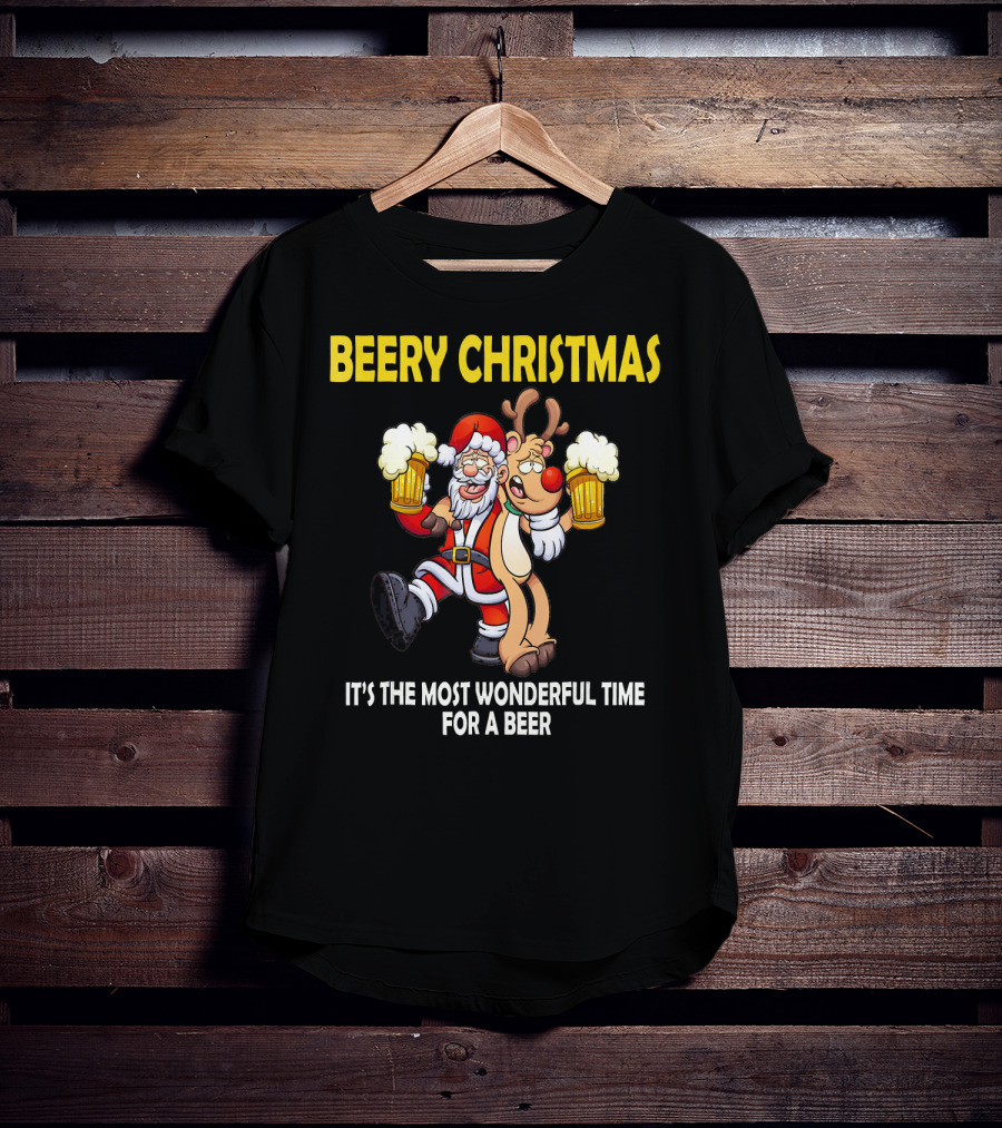 Beery Christmas It's The Most Wonderful Time For A Beer Santa And Reindeer Cheers T-Shirt