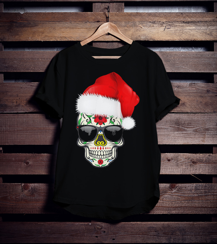 Christmas Santa Hat Day Of The Dead Sugar Skull Suga T-Shirt