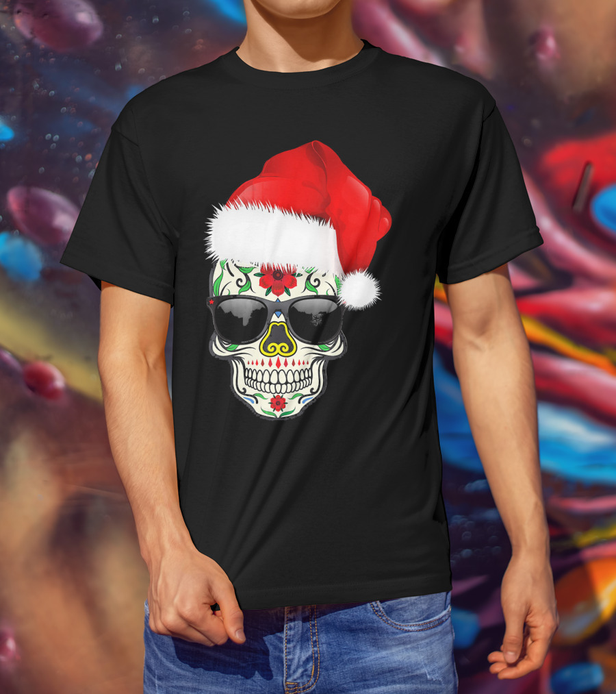Christmas Santa Hat Day Of The Dead Sugar Skull Suga T-Shirt