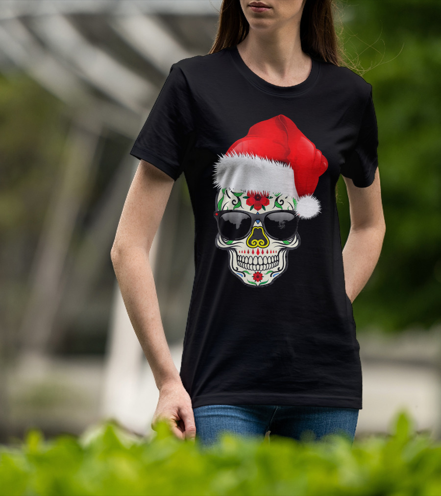 Christmas Santa Hat Day Of The Dead Sugar Skull Suga T-Shirt