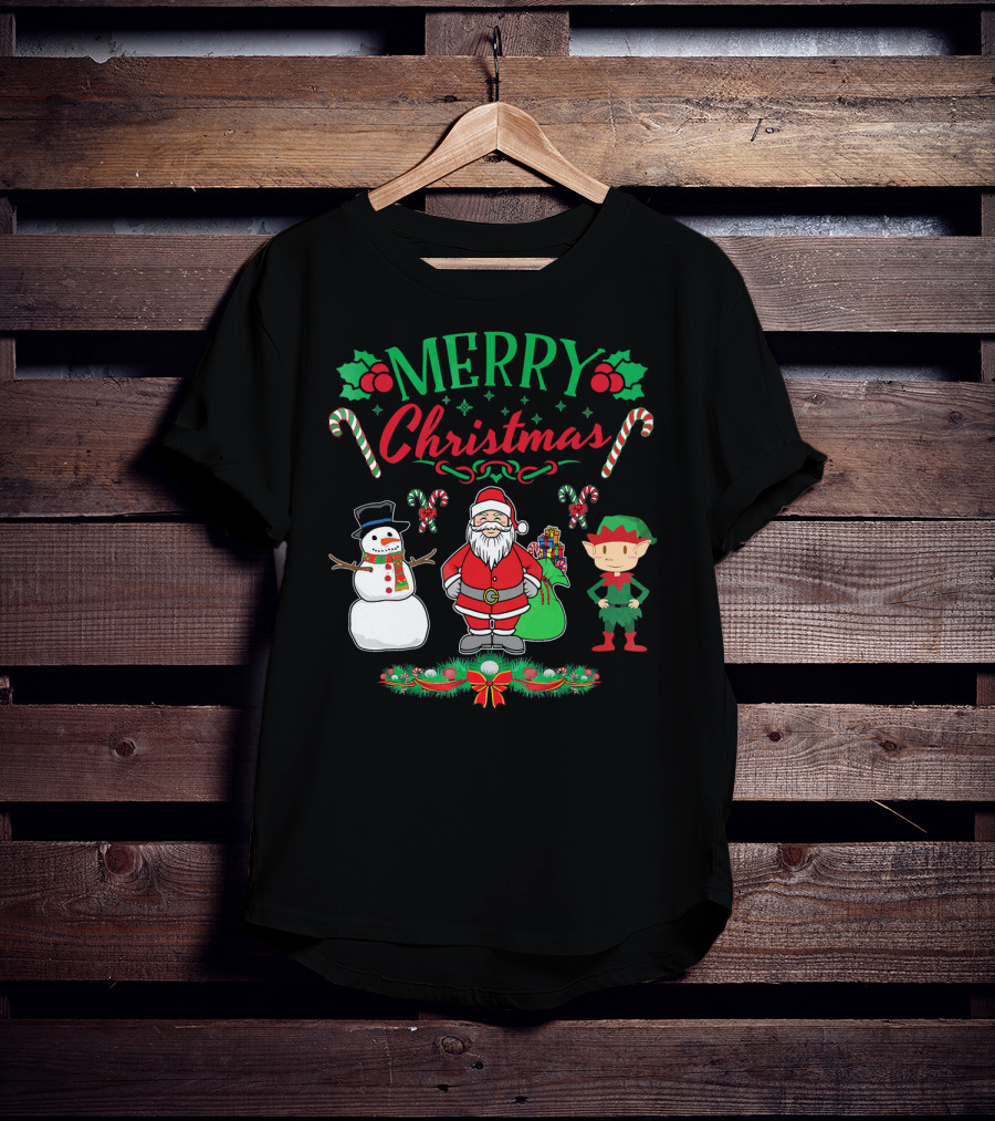 Merry Christmas Santa And Snowman With Elf And Candy Canes T-Shirt
