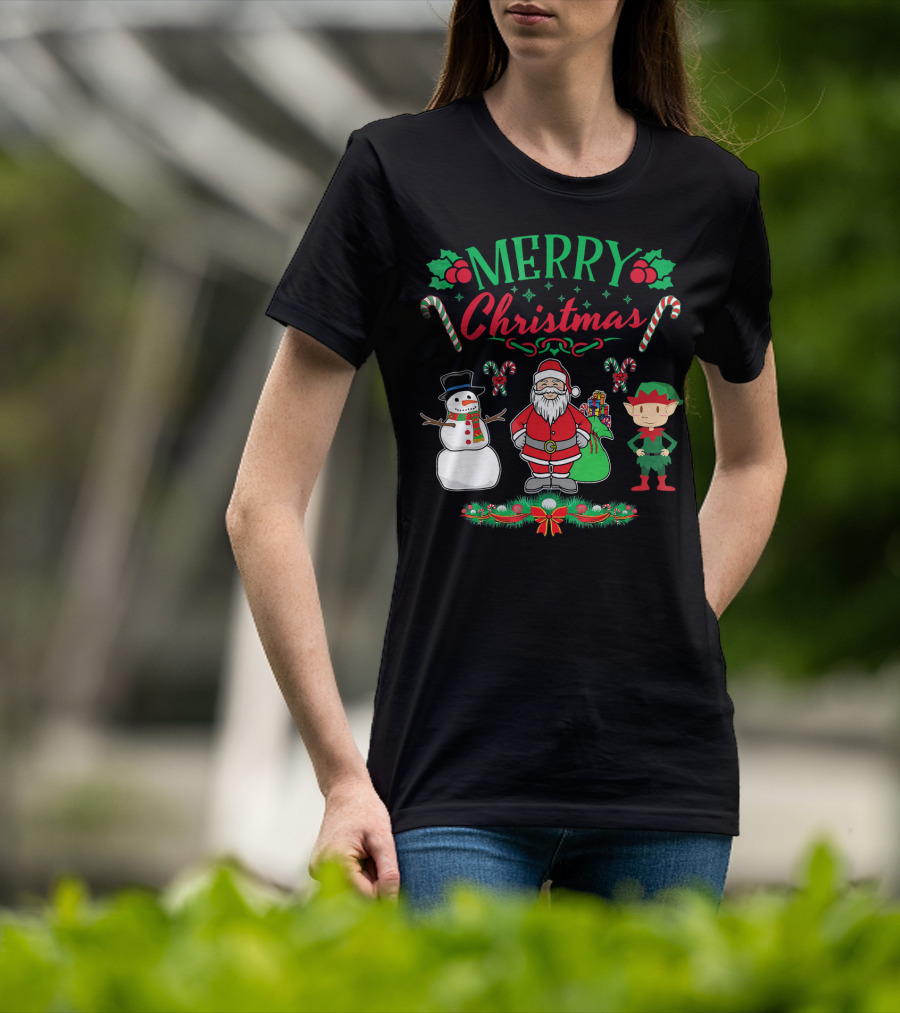 Merry Christmas Santa And Snowman With Elf And Candy Canes T-Shirt