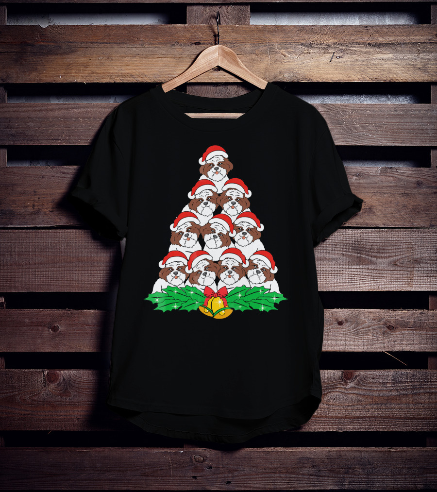 Shih Tzu Christmas Tree Dog Santa Hat Bells Holly Xmas Lover T-Shirt