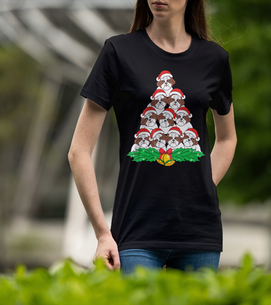 Shih Tzu Christmas Tree Dog Santa Hat Bells Holly Xmas Lover T-Shirt