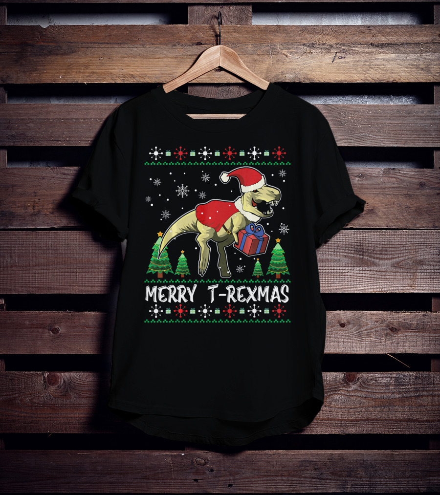 Merry T-Rexmas Dinosaur Santa Claus Holiday Snowflakes Trees T-Shirt