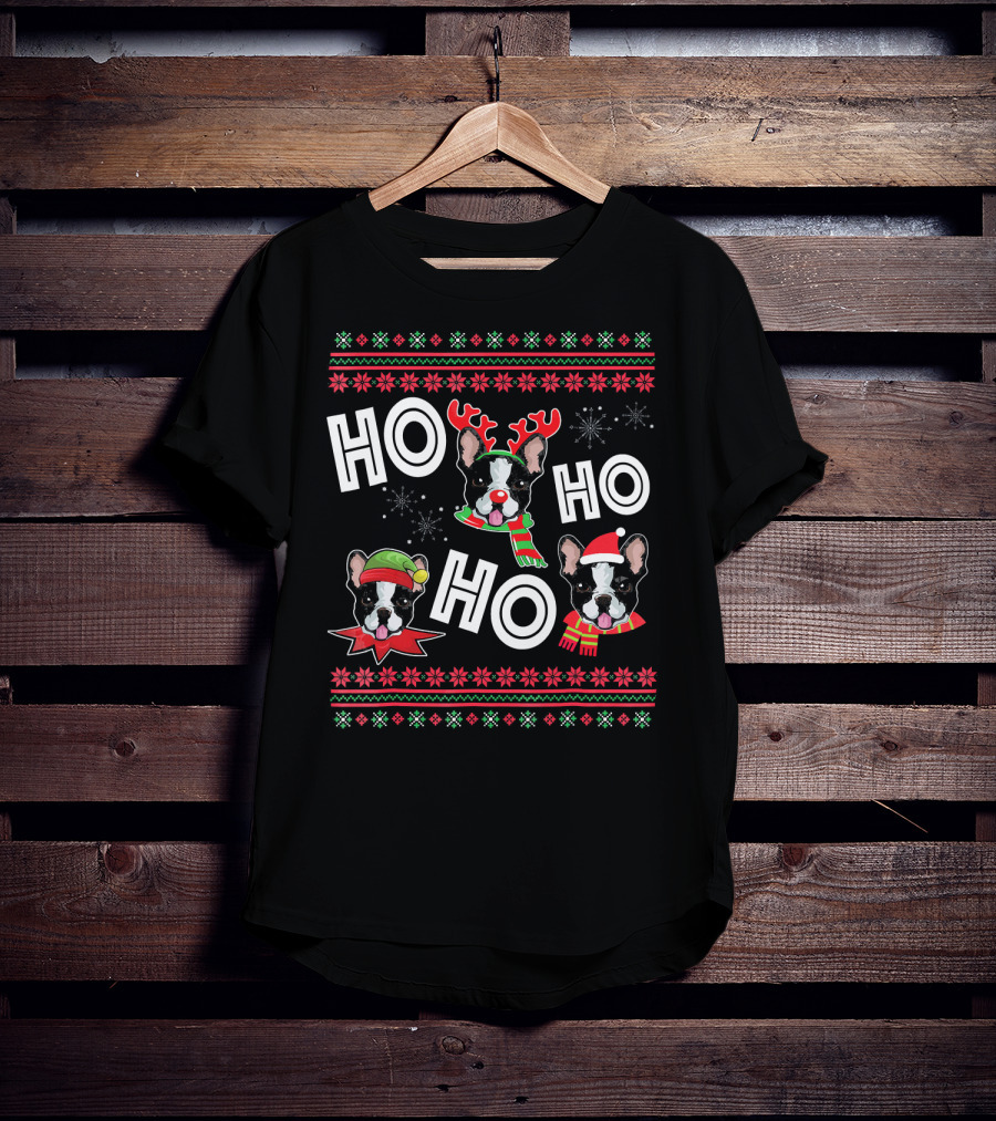 HO HO HO Boston Terrier Funny Do Christmas Reindeer Santa Hat Scarf Snowflakes T-Shirt