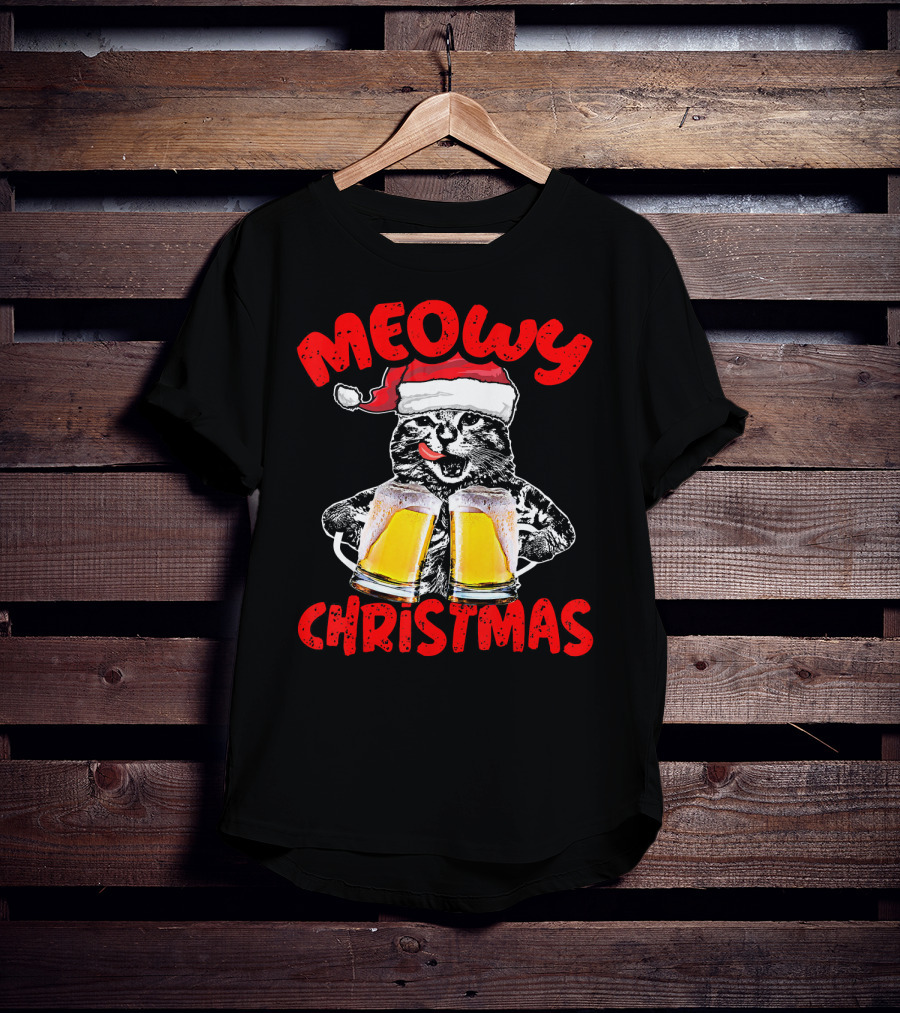 Meowy Christmas Funny Meow Drinking Beer Cat T-Shirt