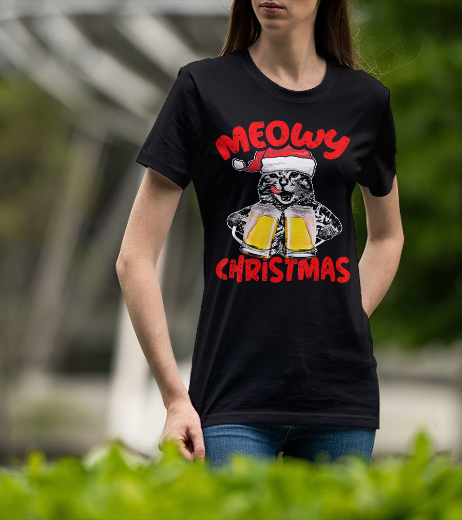 Meowy Christmas Funny Meow Drinking Beer Cat T-Shirt