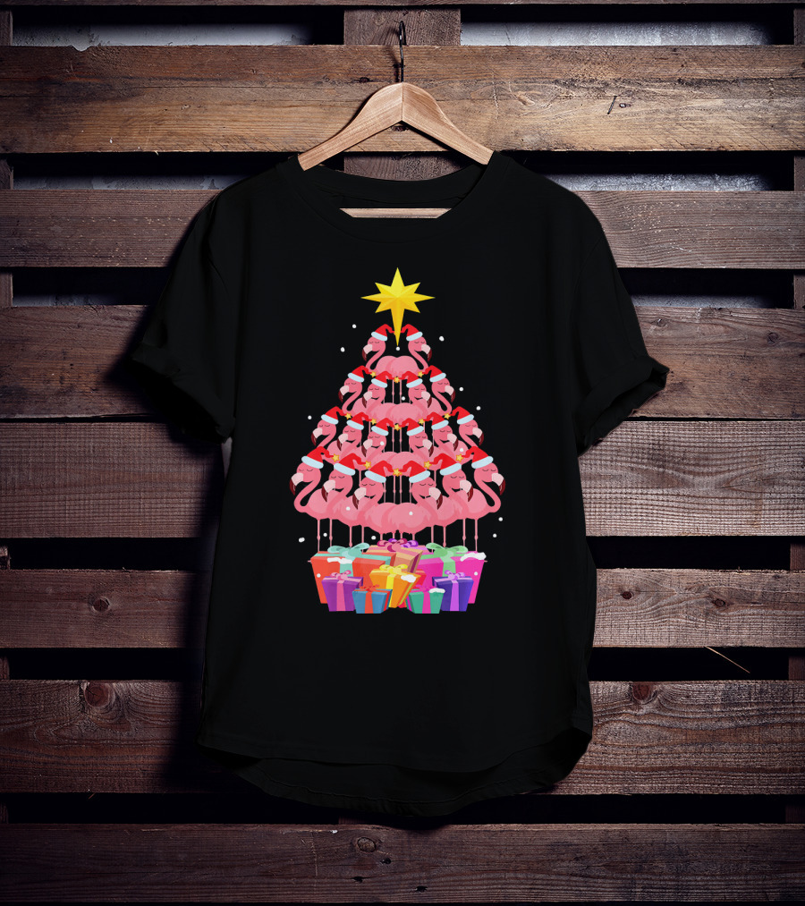 Flamingo Santa Hat Christmas Tree With Gifts And Star T-Shirt