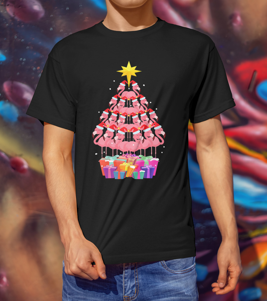 Flamingo Santa Hat Christmas Tree With Gifts And Star T-Shirt