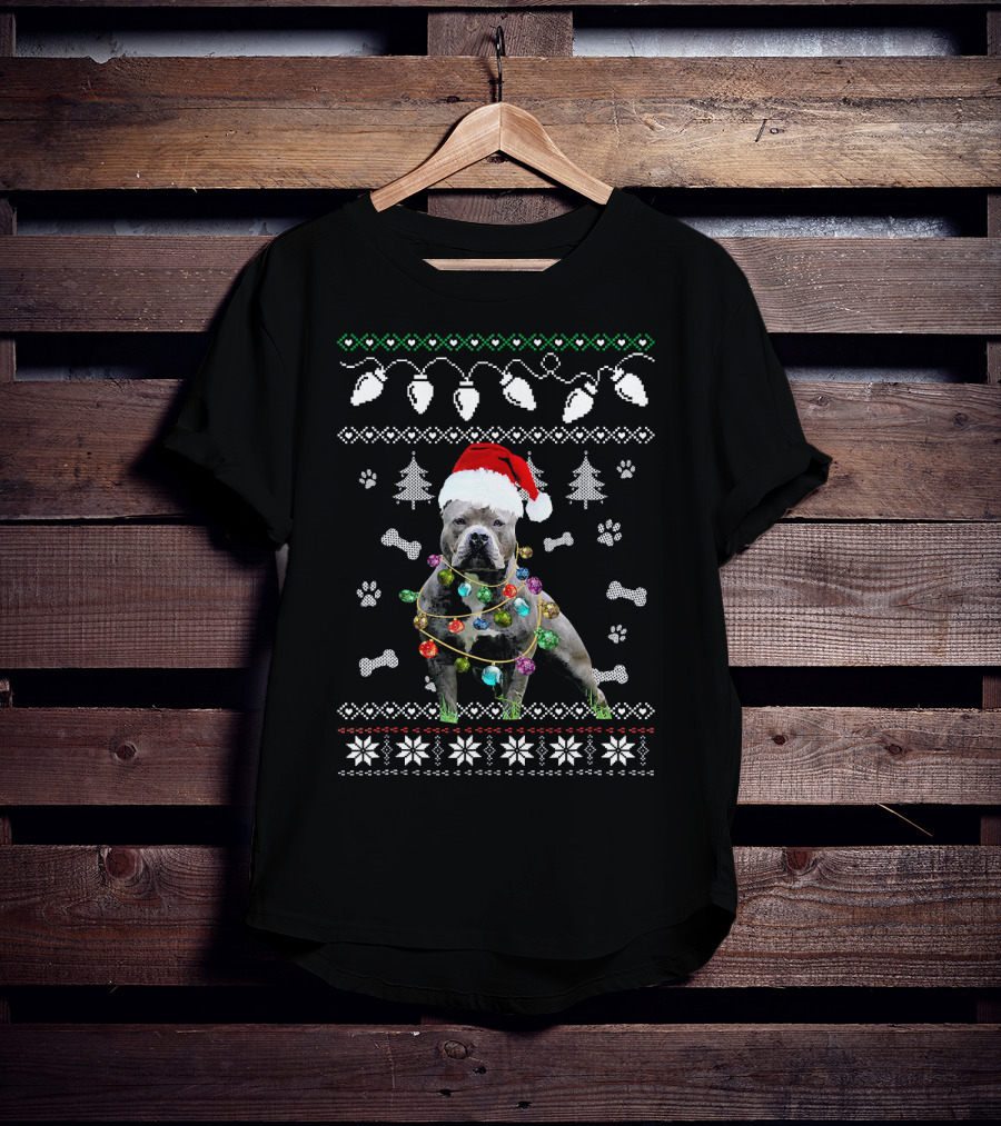 Pitbull Christmas Lights Santa Hat Ugly T-Shirt