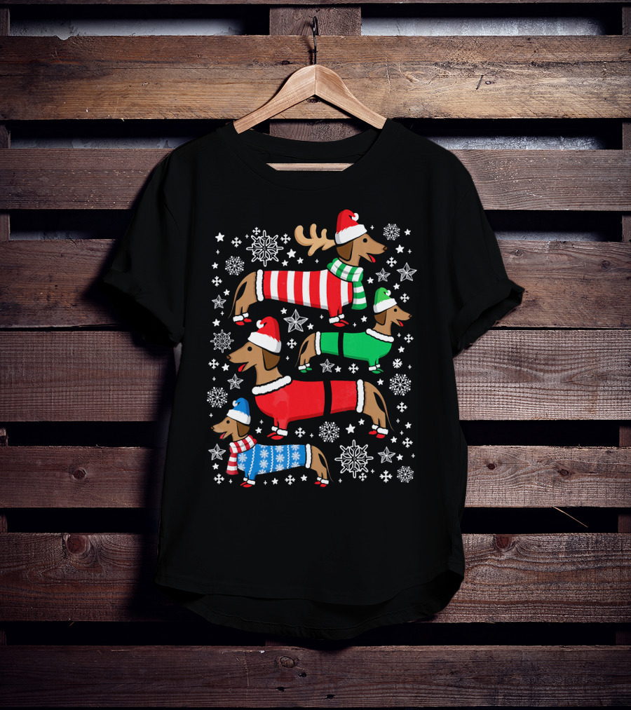 Dachshund Merry Christmas Weiner Ugly Sweater Santa Reindeer Snowflakes T-Shirt