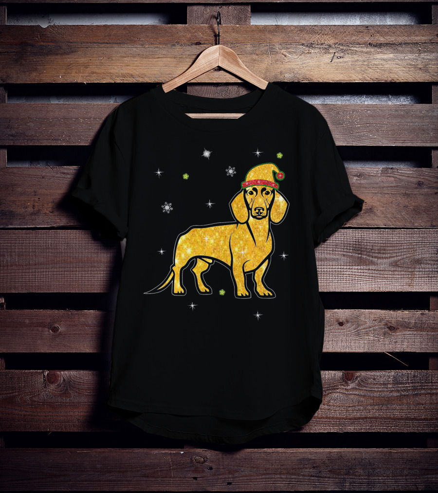 Christmas Lights Glitter Dachshund Dog With Santa Hat And Snowflakes T-Shirt