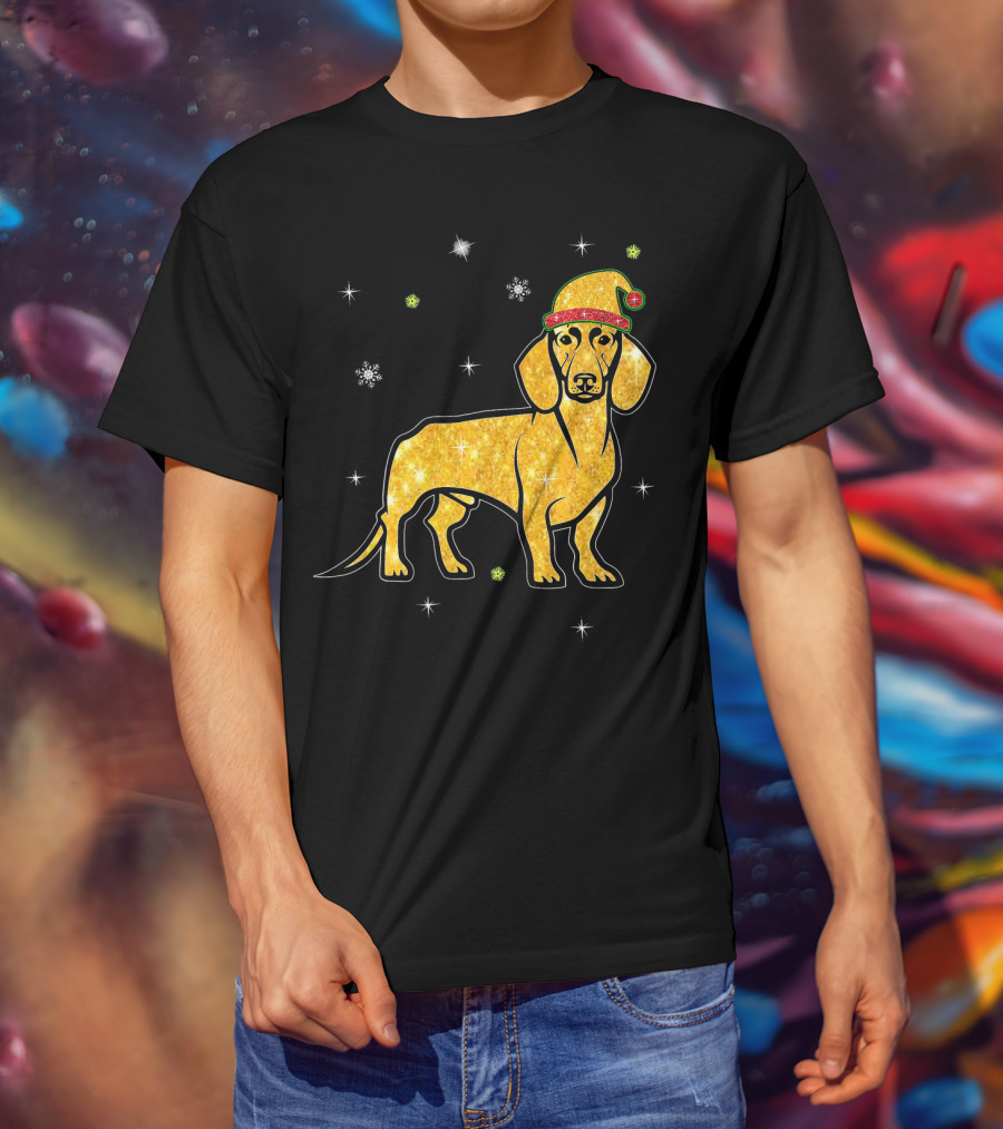 Christmas Lights Glitter Dachshund Dog With Santa Hat And Snowflakes T-Shirt
