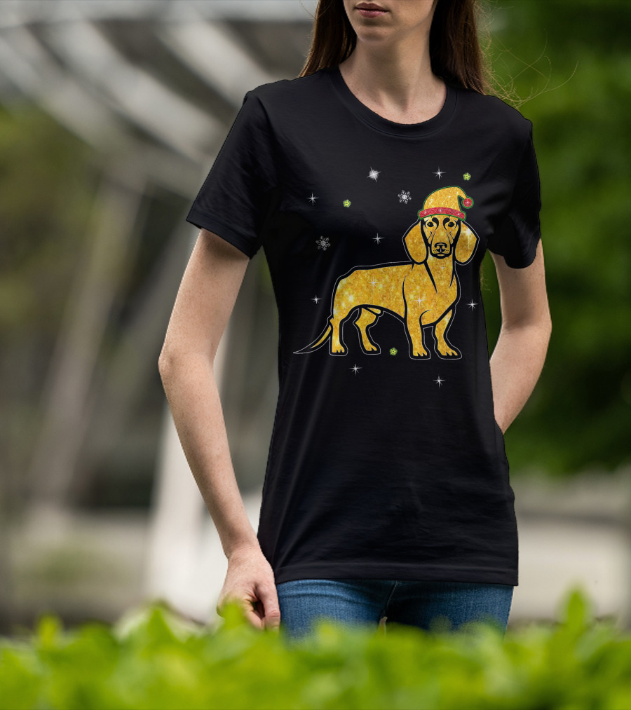 Christmas Lights Glitter Dachshund Dog With Santa Hat And Snowflakes T-Shirt