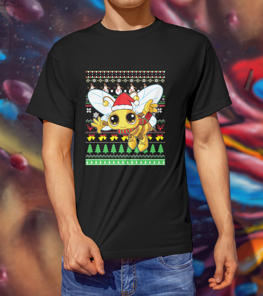 UglyBee Santa Claus Lovely Christmas Sweater Pattern With Cartoon Bee T-Shirt